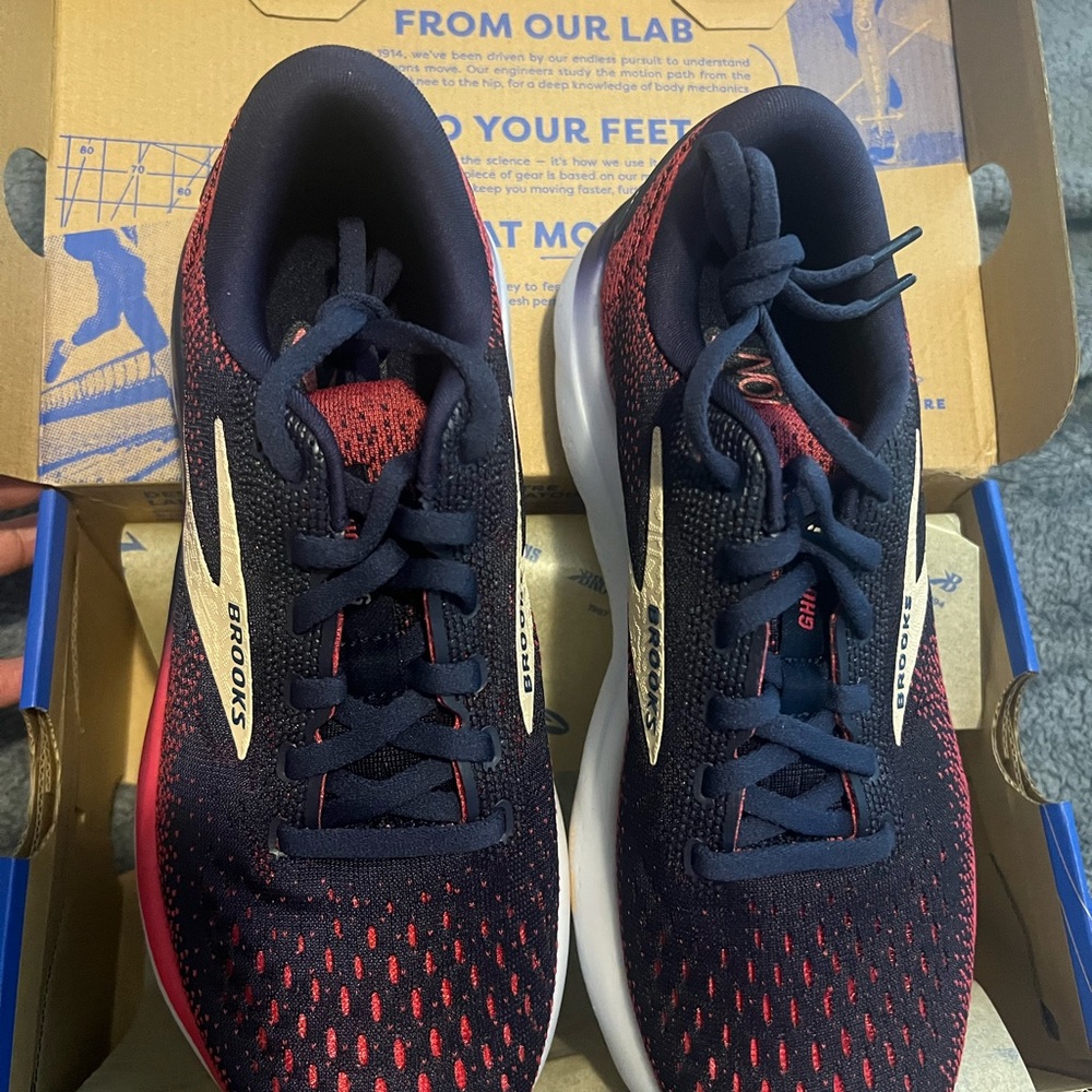 Brooks Ghost Red and Blue Athletic Shoes